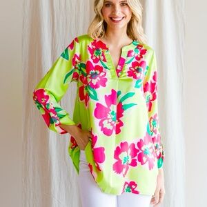 JODIFL Lime Green V Neck Tunic with Hot Pink Hibiscus Flowers size S NWT